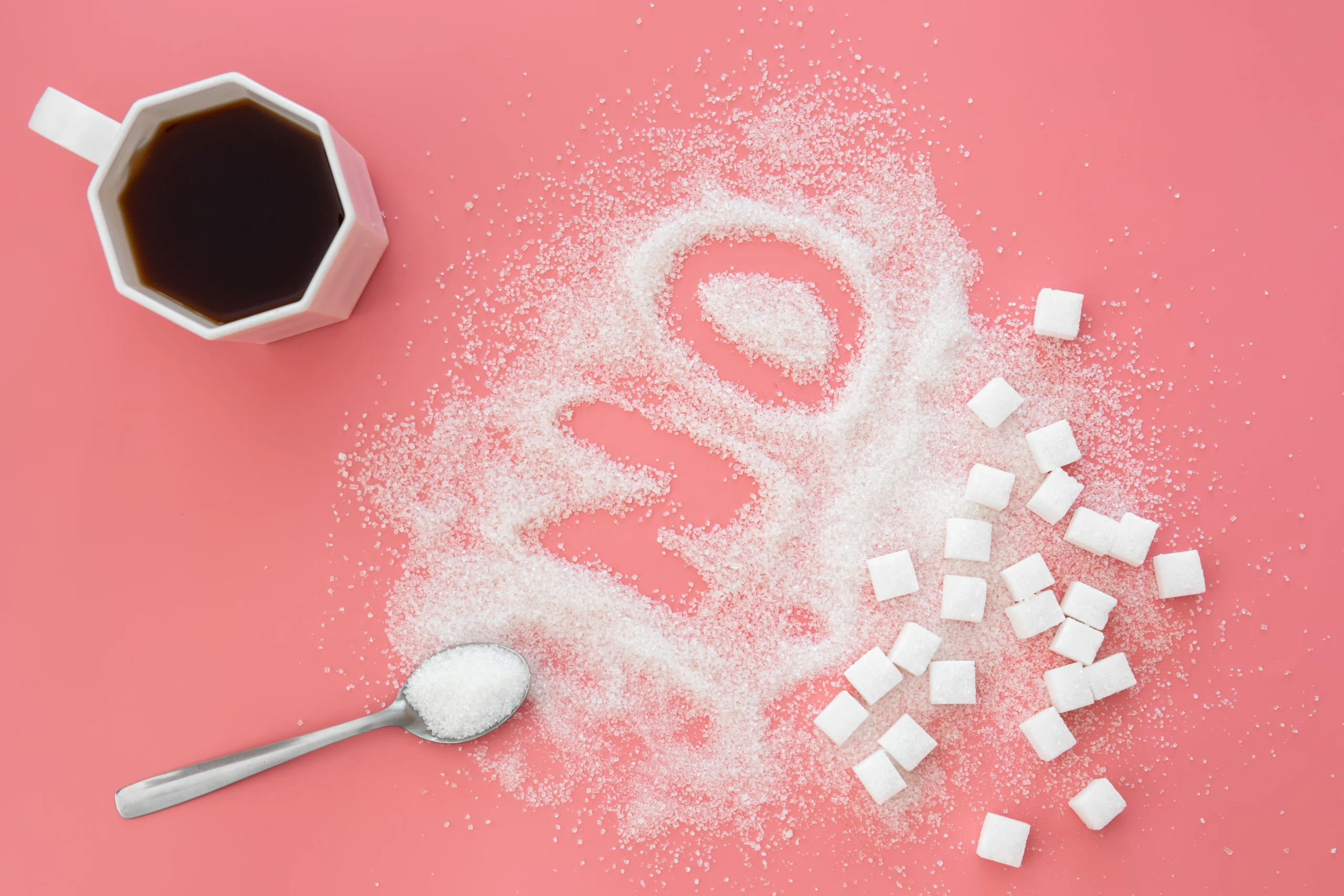 word-no-made-sugar-cup-coffee-pink-background-flat-lay